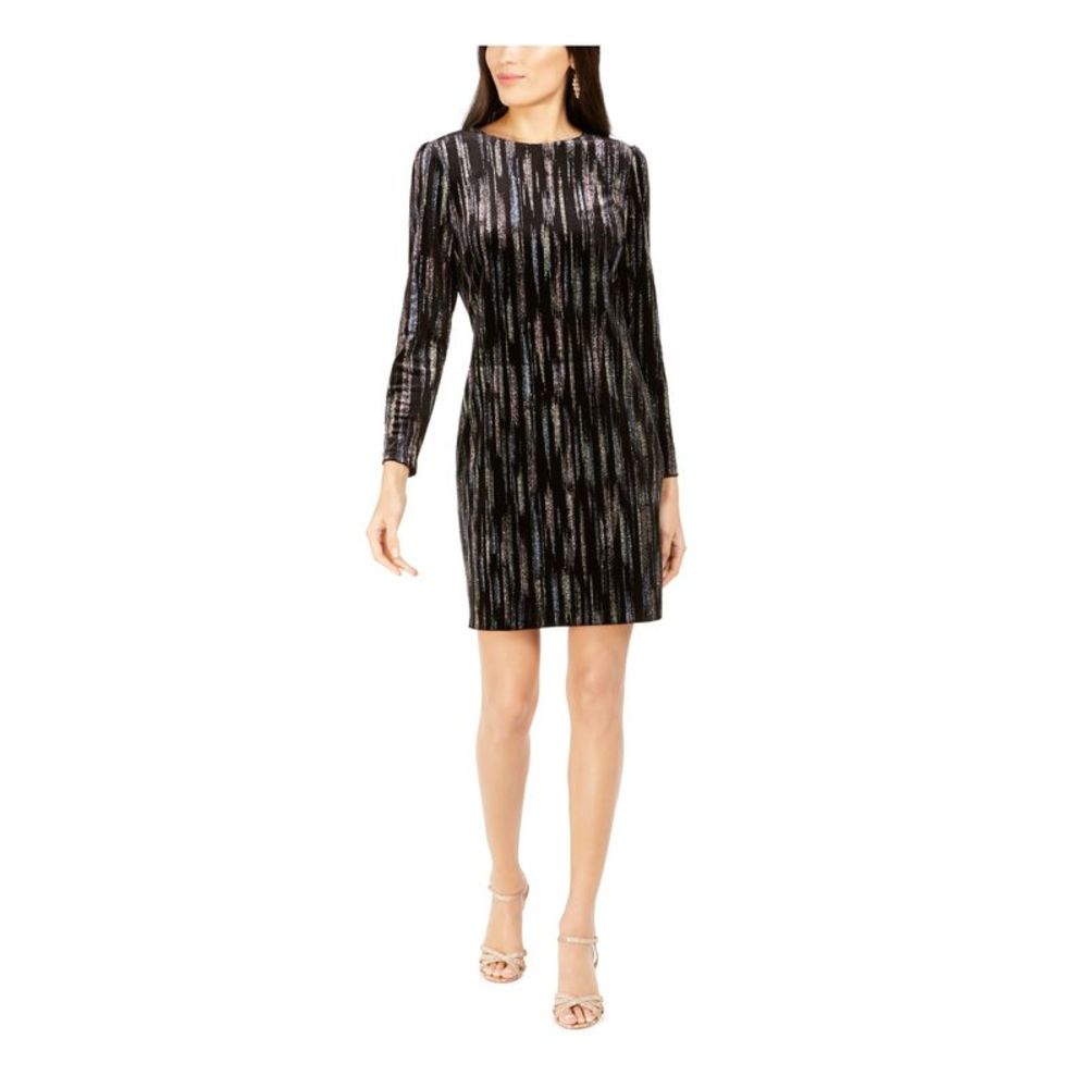 JBS LIMITED Womens Black Printed Long Sleeve Short Cocktail Shift Dress 14